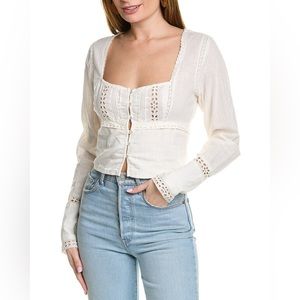 Free People Cream Lace Trim Button-Front Square Neck Blouse